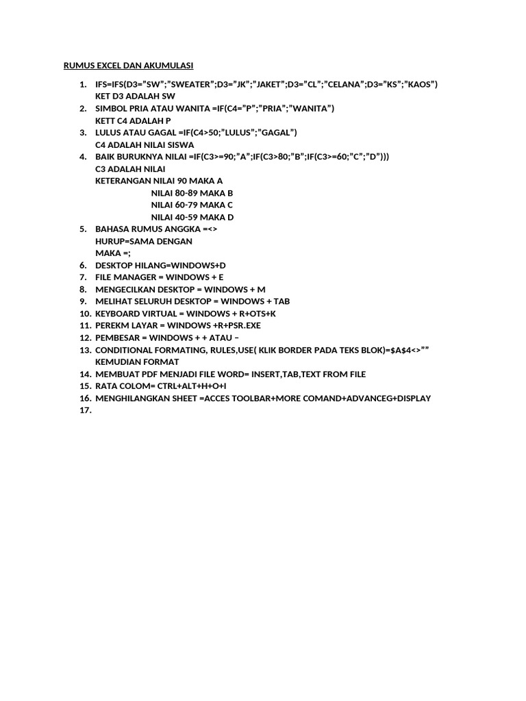 Rumus Excel dan Pintasan Windows | PDF