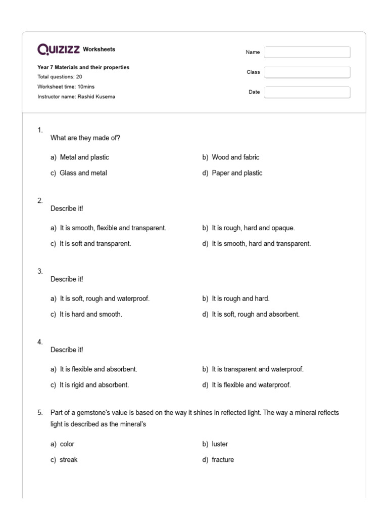 Year 7 Materials Properties Worksheet | PDF | Ductility | Density