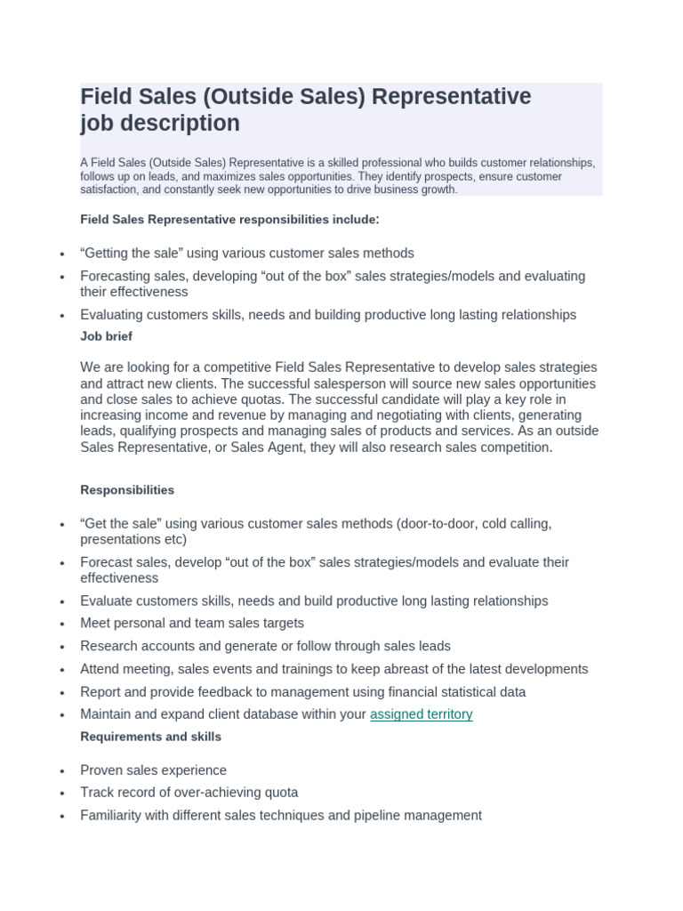 Field Sales Job Discription | PDF