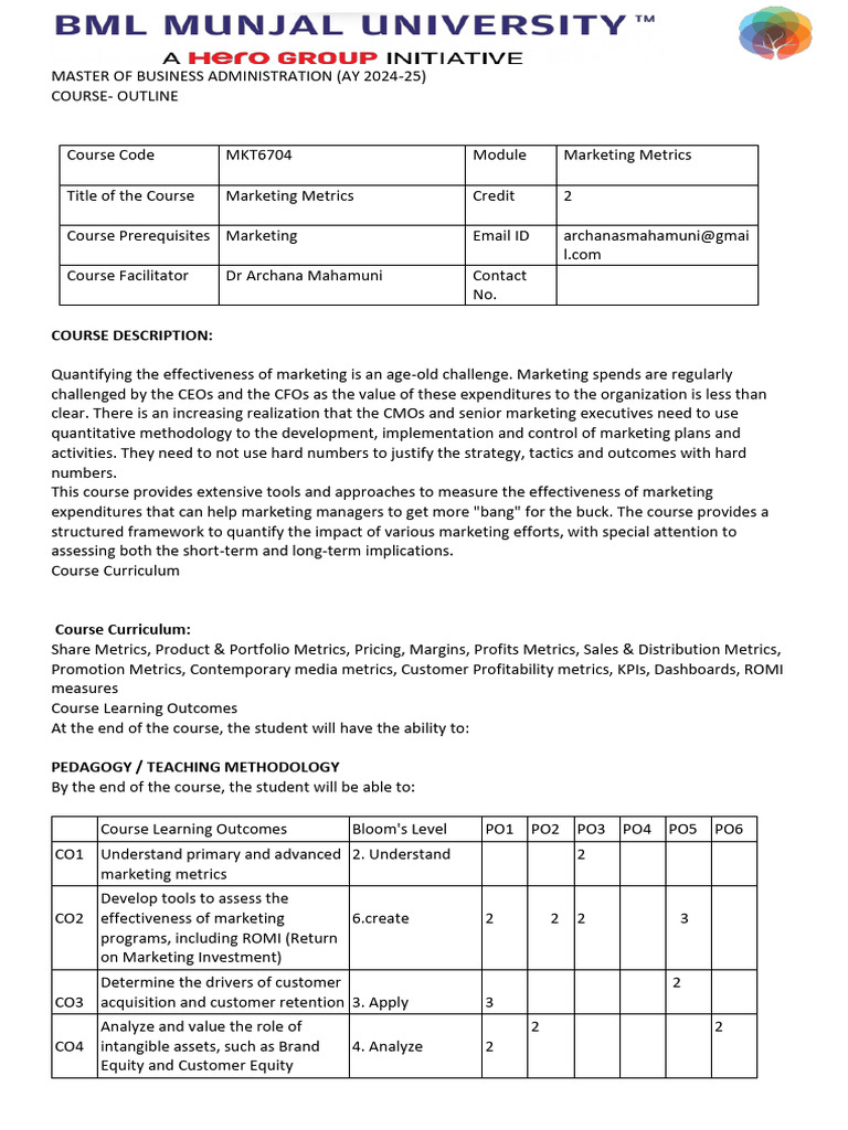 Course Outline Marketing Metrics V1 | PDF | Performance Indicator ...