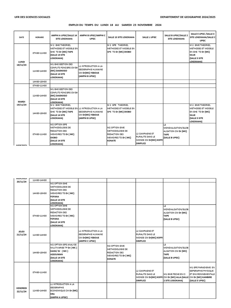 Emploi du temps UPGC 18-23 Nov 2024 | PDF | Enseignement des Arts ...