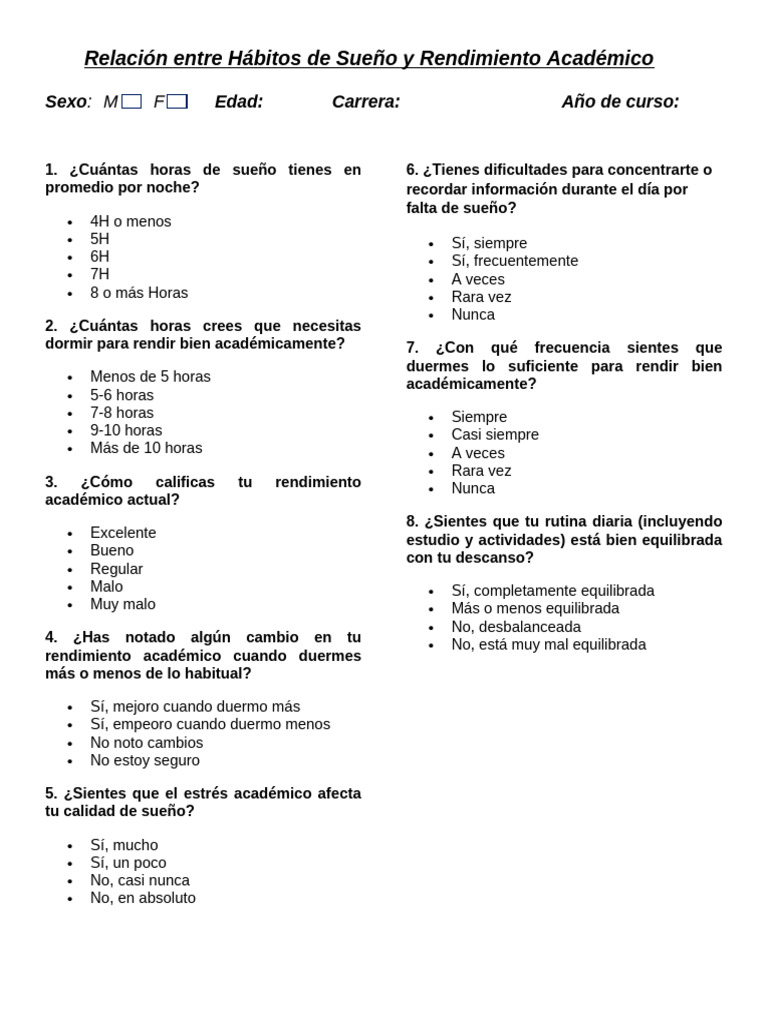 Sueño y Rendimiento Académico: Encuesta | PDF | Dormir | Fisiologia Animal