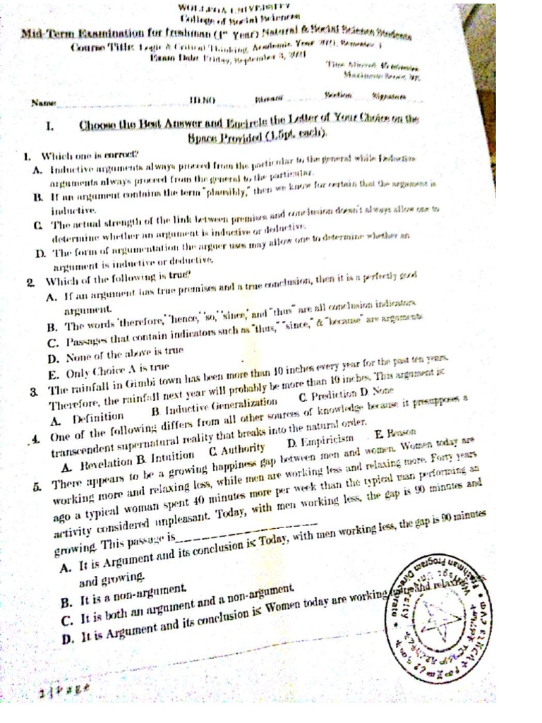 Wollega University Mid Exam For Fresh Students in 2013.PDF-1 | PDF