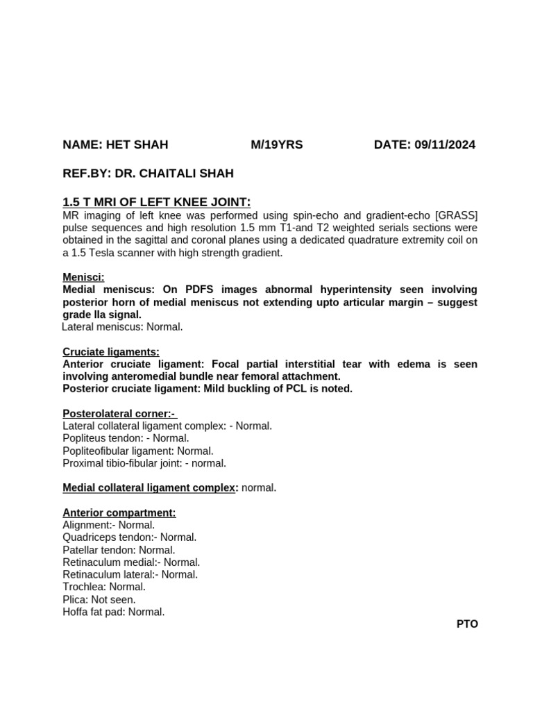 MRI Report: Knee Injury Analysis | PDF | Science & Mathematics