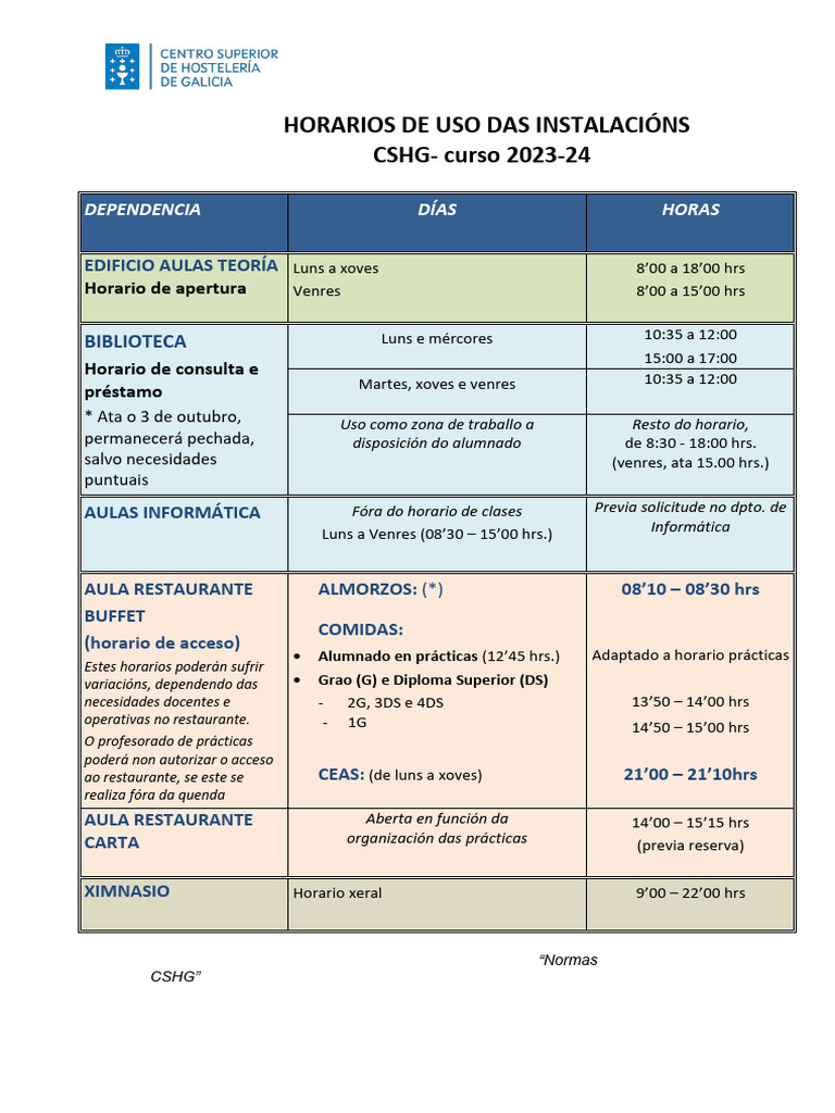 Horarios Instalacions-Es CSHG 2023-24 | PDF