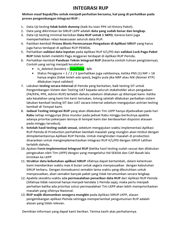 Panduan Integrasi RUP ke SIRUP | PDF
