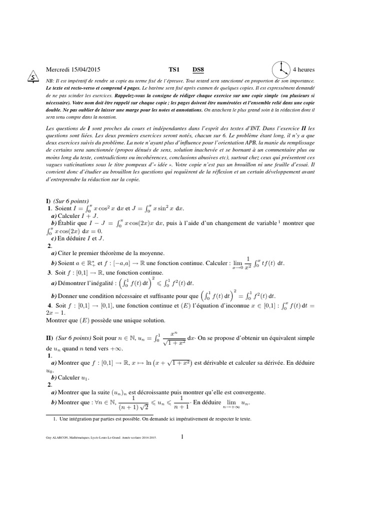 DS Maths Terminale Louis-Le-Grand | PDF | Polynôme | Intégral