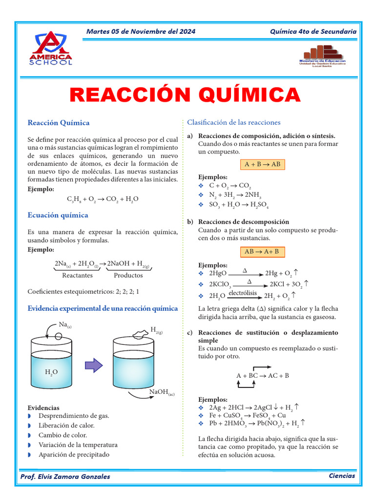 Reacción Química para Cuarto Grado de Secundaria | PDF | Reacciones ...