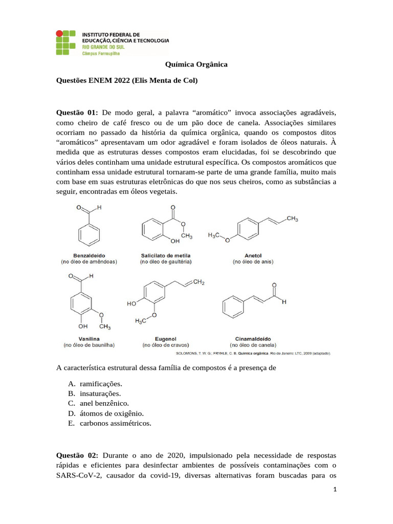 Questões de Química Orgânica ENEM 2022 | PDF | Química | Aromaticidade