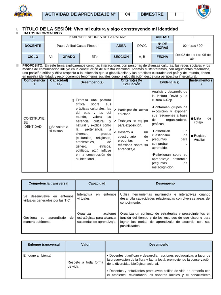 Actividad de Apredizaje 04 DPCC 5to Sec | PDF | Aprendizaje | Enseñando