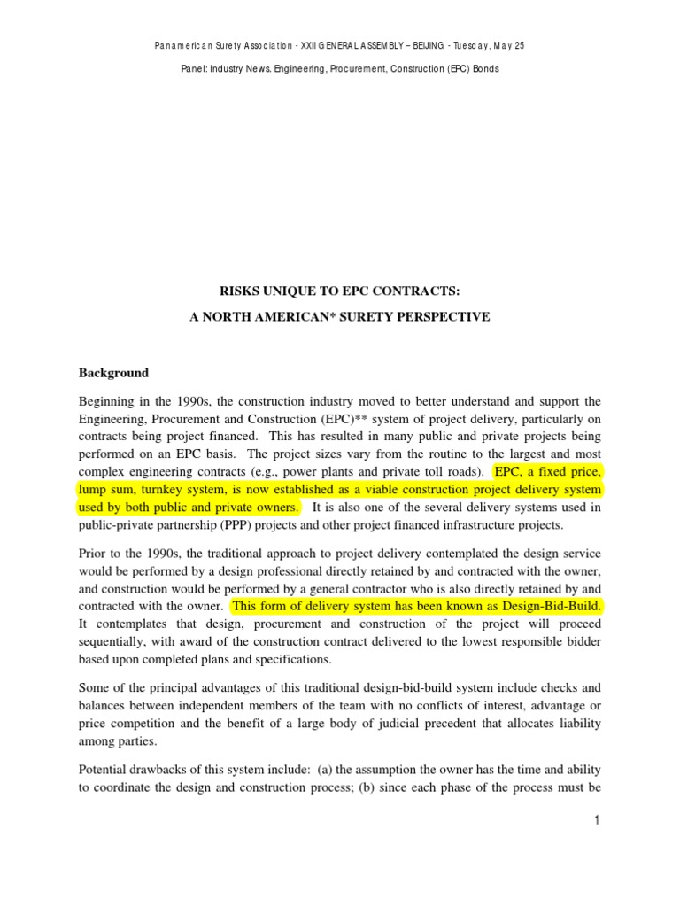 EPC Contracts: Risks and Surety Insights | PDF | Surety Bond ...