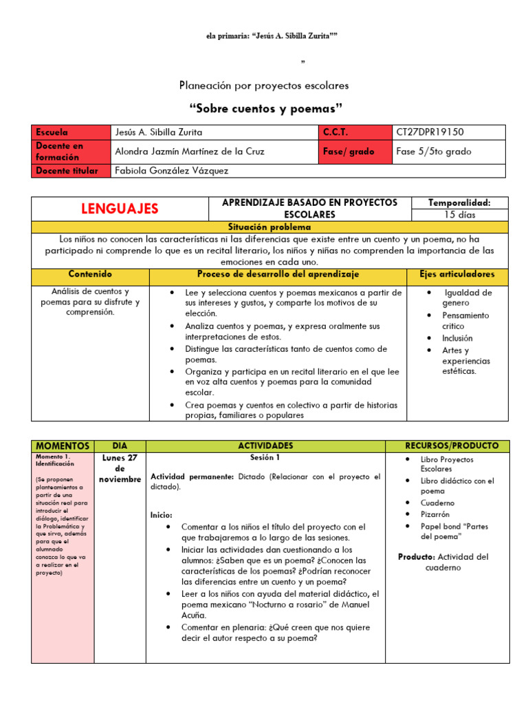 Proyectos de Cuentos y Poemas 5° Grado | PDF | Educación primaria ...
