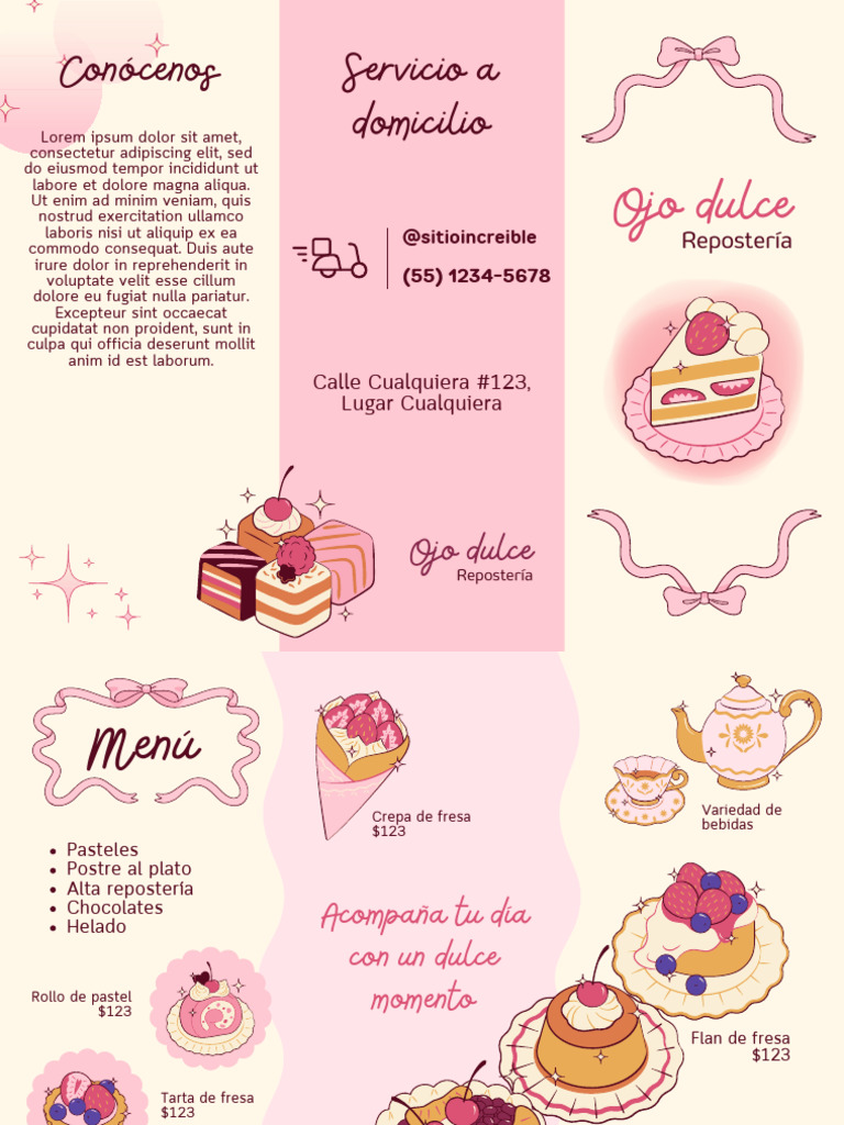 Folleto Tríptico Menú de Postres Ilustrado Kawaii Rosa y Crema PDF | PDF