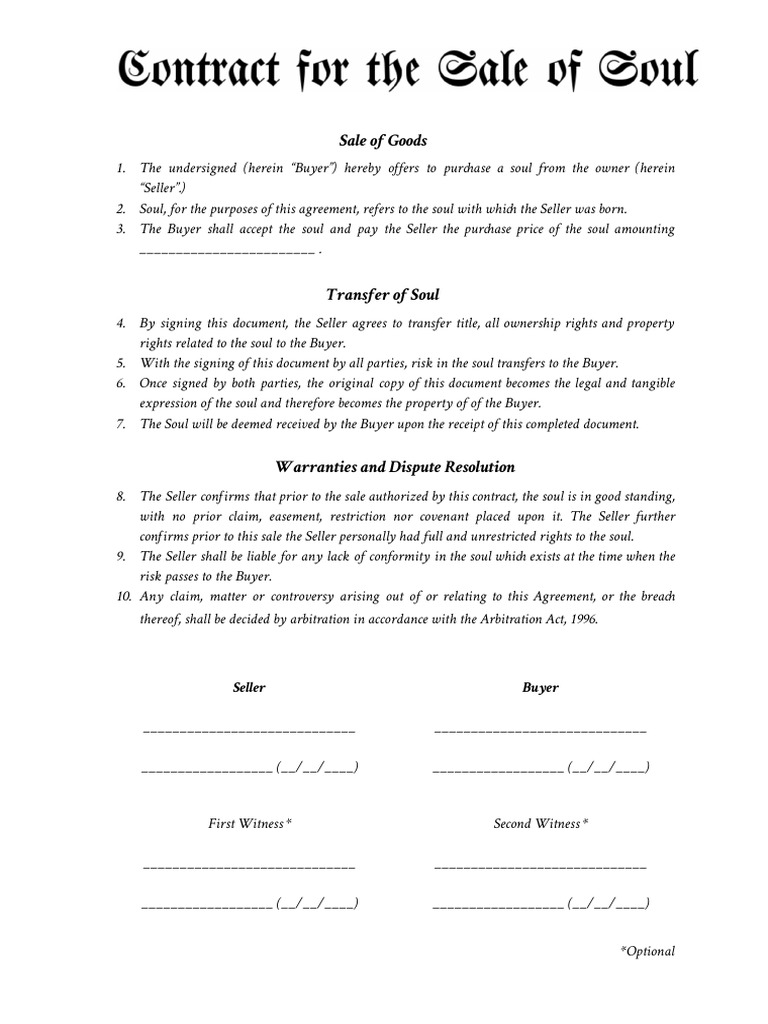 Soul Sale Agreement Template | PDF | Law