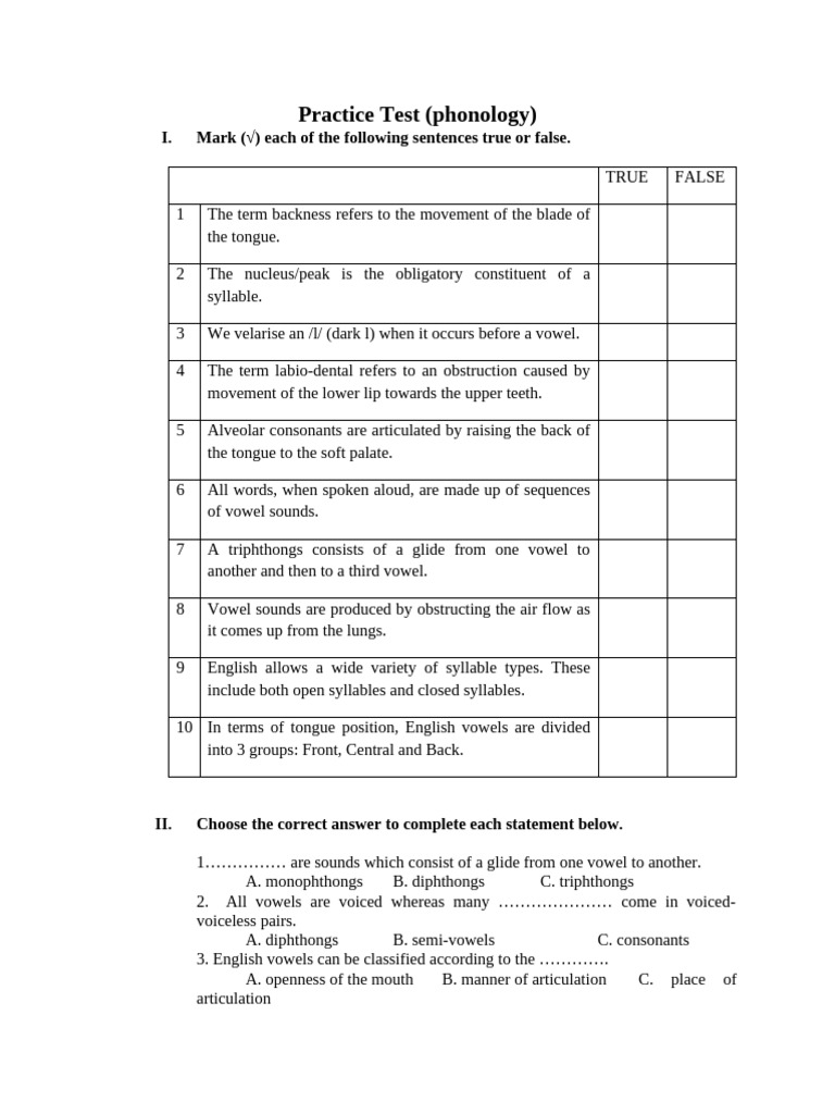 Phonology Practice Test Overview | PDF | Syllable | Consonant