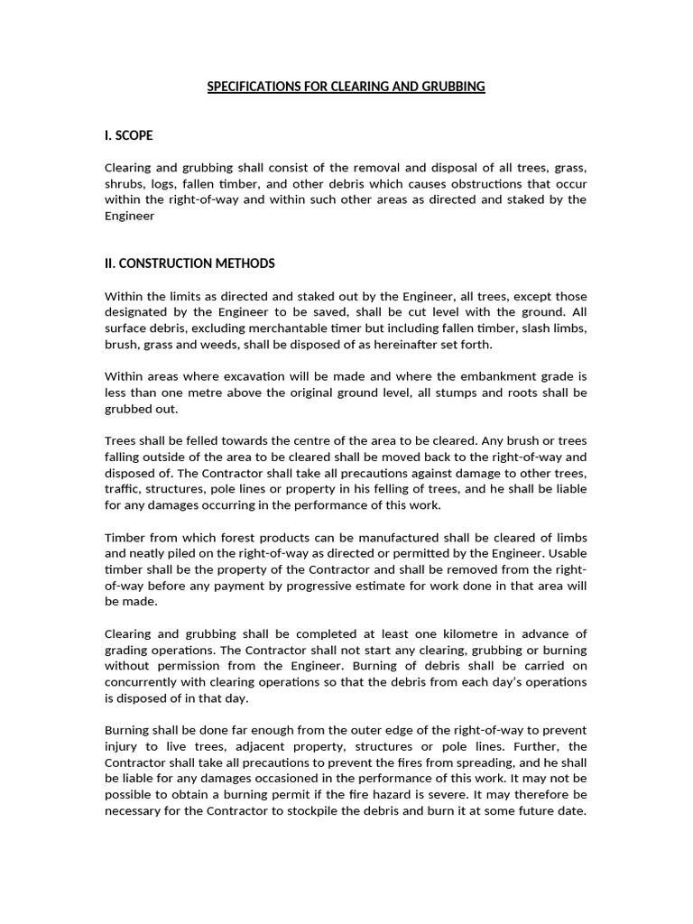 Clearing and Grubbing Specifications | PDF | Trees | Lumber