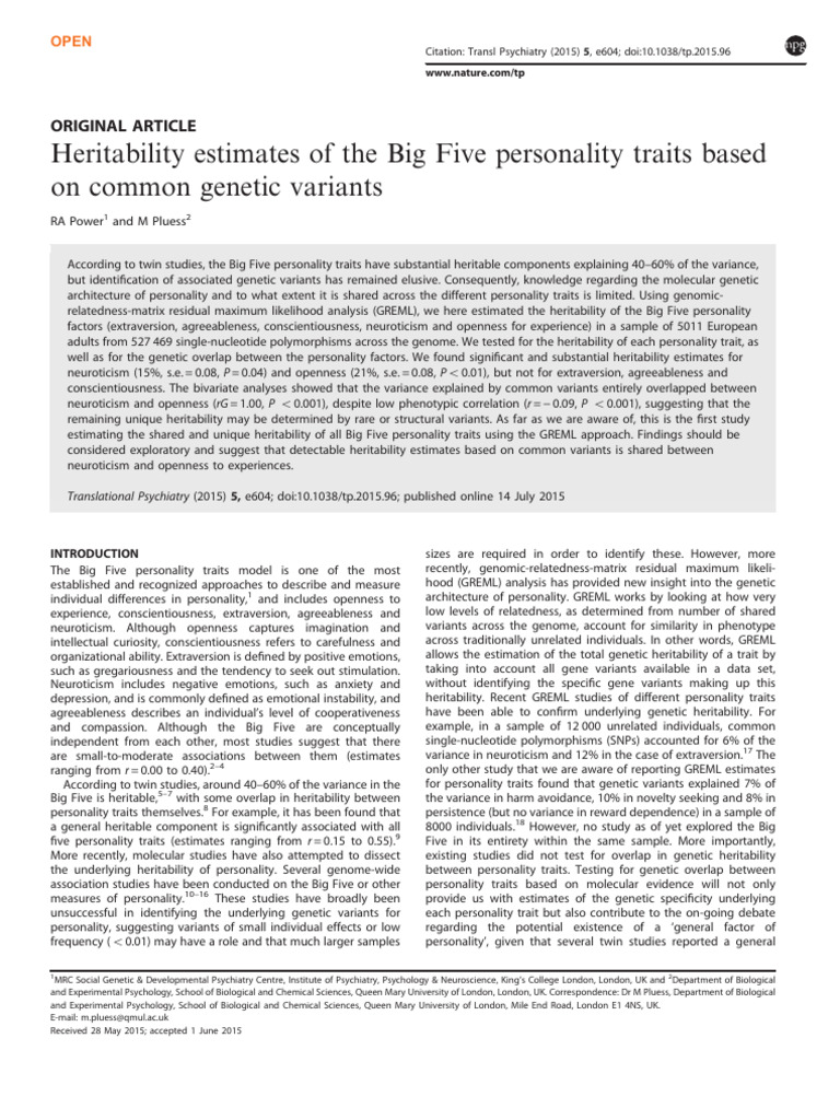 Heritability of Big Five Traits Explored | PDF | Heritability | Genetics