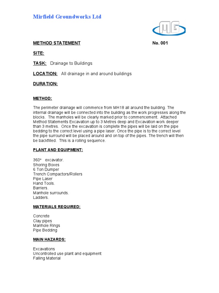 Drainage Method Statement for Buildings | PDF | Excavation (Archaeology ...