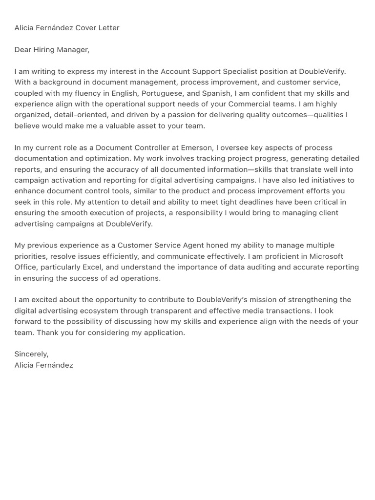 Alicia Fernández Account Support Cover Letter | PDF