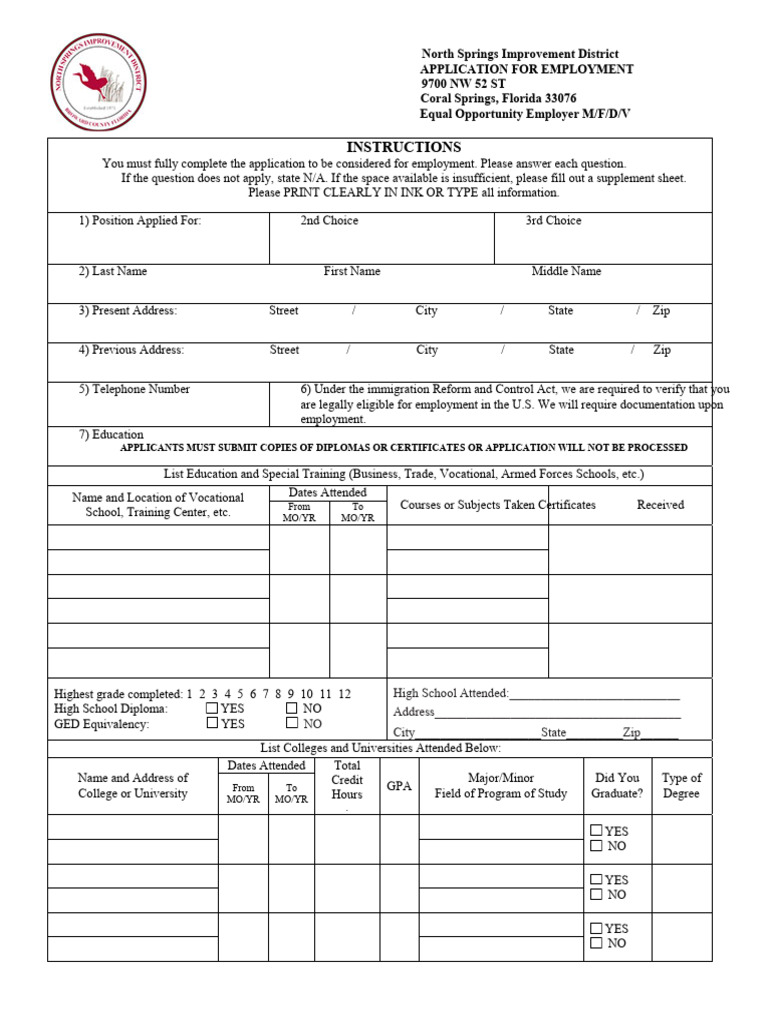 North Springs Employment Application Form | PDF | Driver's License ...