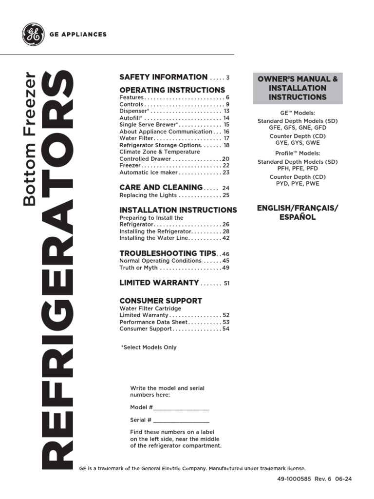 GE Refrigerator Manual | PDF | Refrigerator | Water Heating