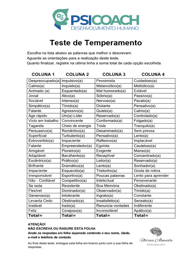  Teste De Temperamento PDF Artes Lingu sticas E Disciplina