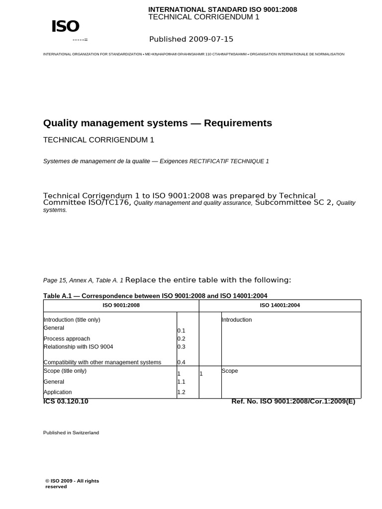 ISO 9001:2008 Technical Corrigendum 1 | PDF | Iso 9000 | Verification ...