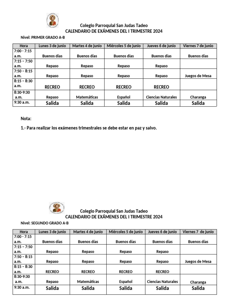 Calendario Exámenes I Trimestre 2024 | PDF | Unidades de medida