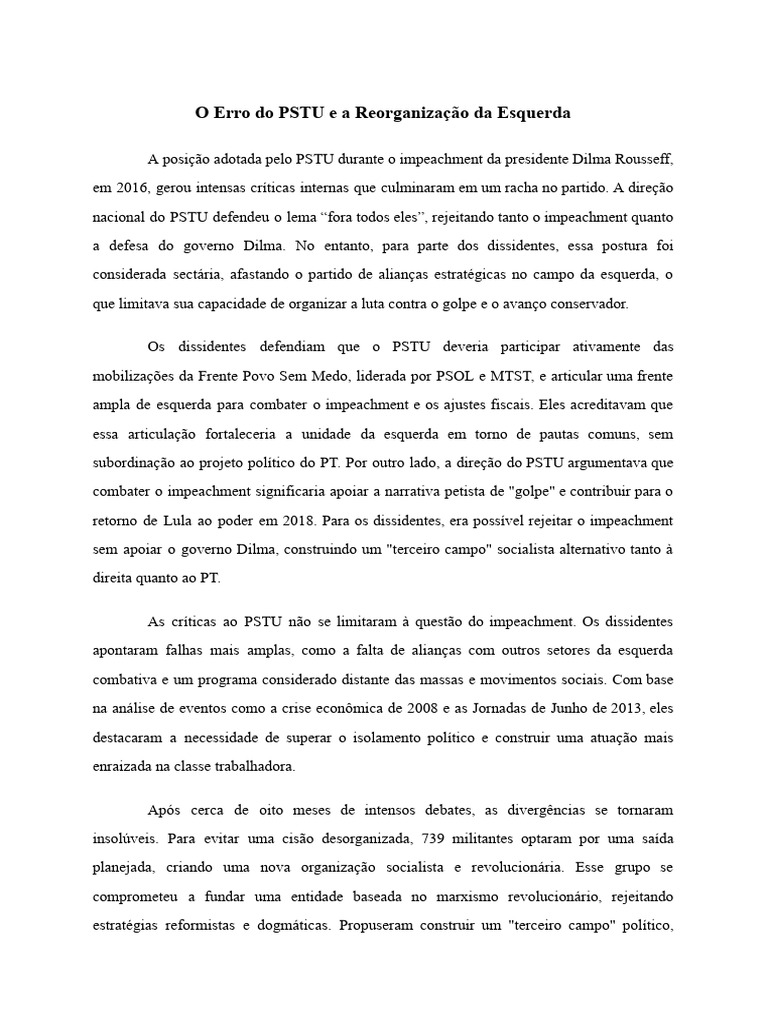 PSTU, Dissidências e a Nova Esquerda | PDF | Socialismo | Política de ...