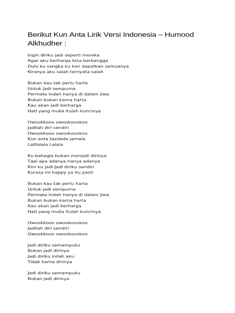 Lirik Lagu Kun Anta Versi Indonesia Pdf
