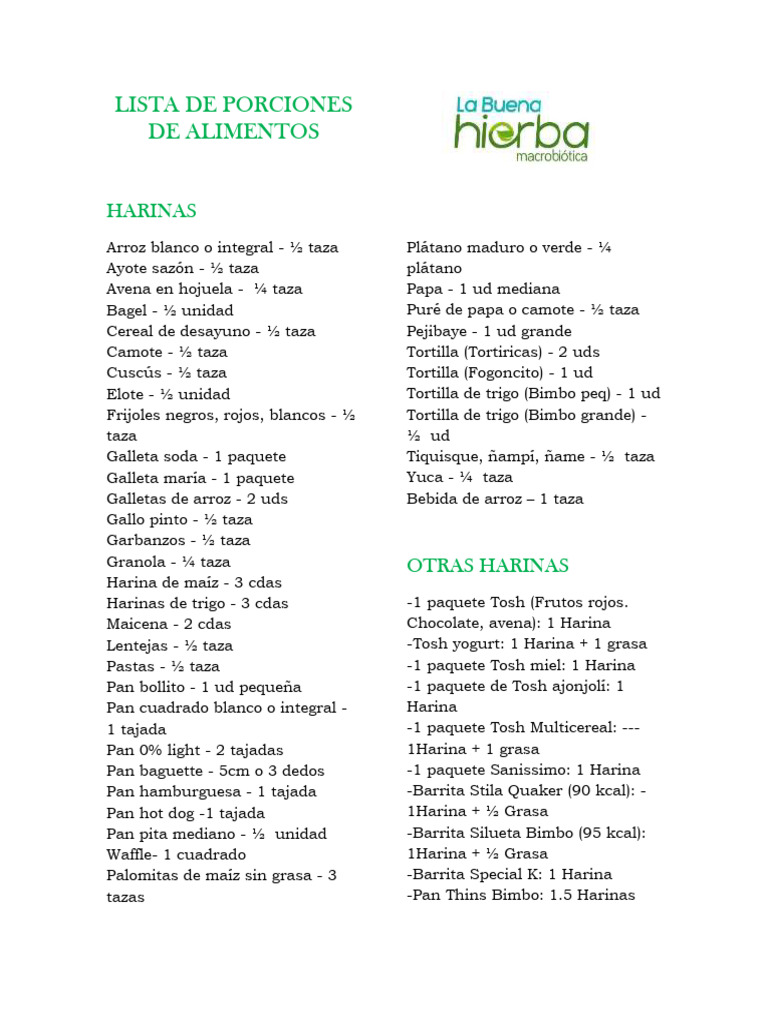 Lista de Porciones de Alimentos | PDF | Ingredientes de comida | Cocina