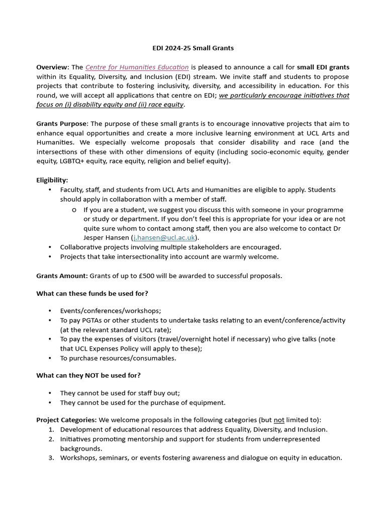 EDI Small Grants 2024-25 Application Guide | PDF | University College ...