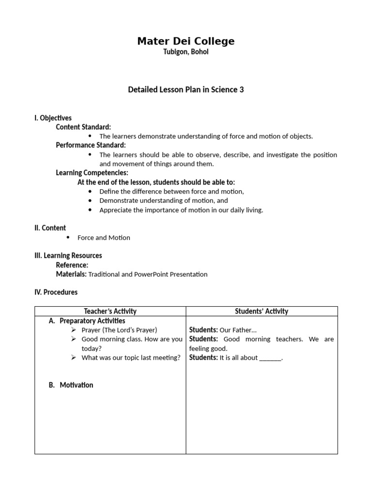 Science 3 Lesson Plan: Force & Motion | PDF | Force | Cognitive Science