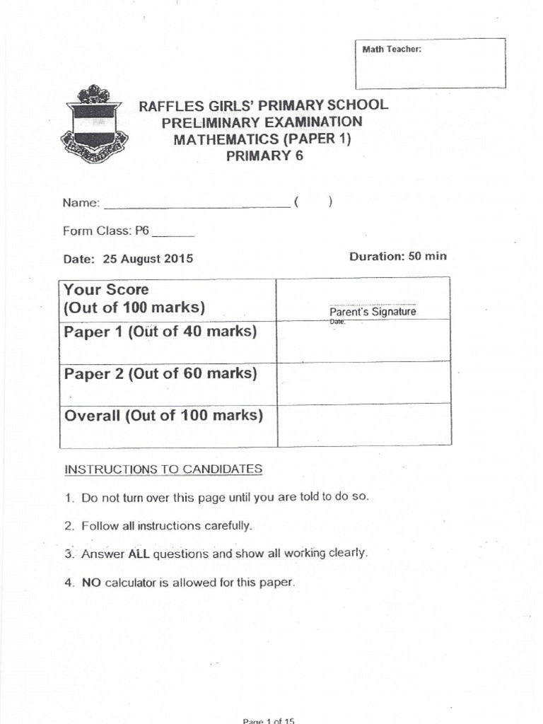 2015 P6 Prelims Maths Raffles Girls | PDF