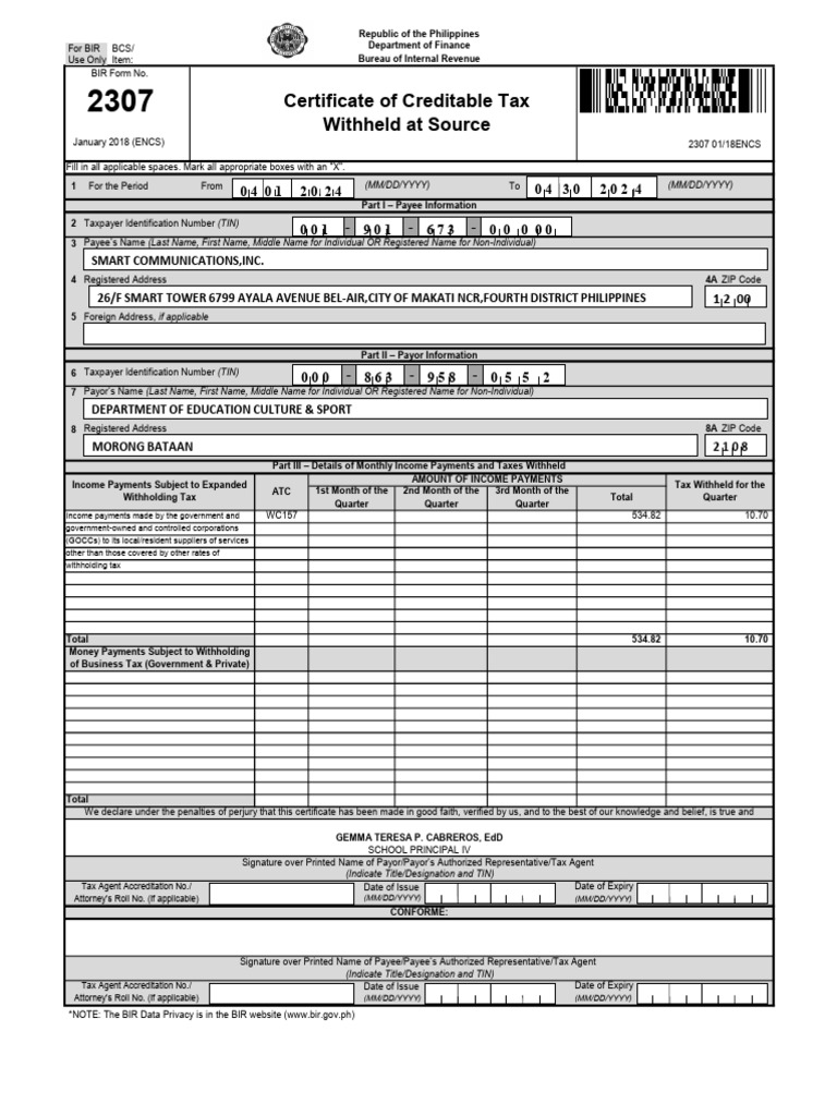 BIR Form 2307 Certificate Template | PDF | Payments | Economies