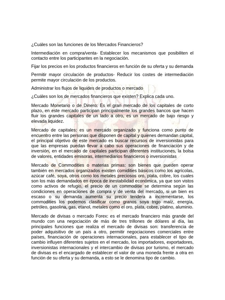 Funciones y Tipos de Mercados Financieros | PDF | Mercado de divisas ...