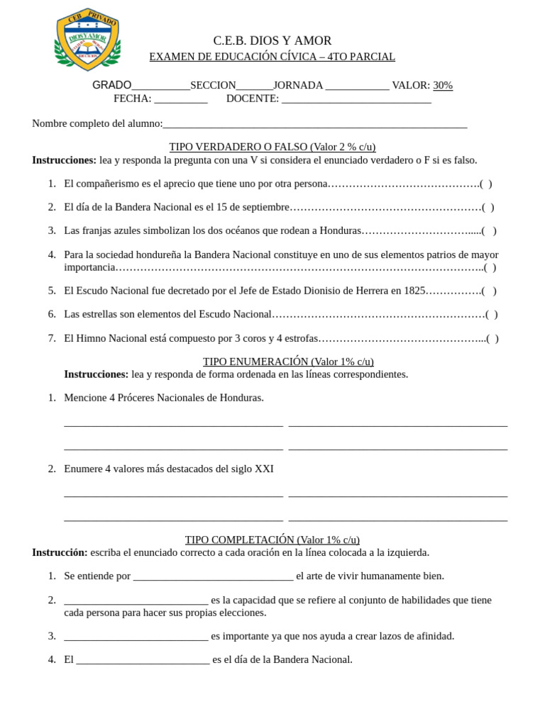 Examen de Civica - 4toPARCIAL | PDF