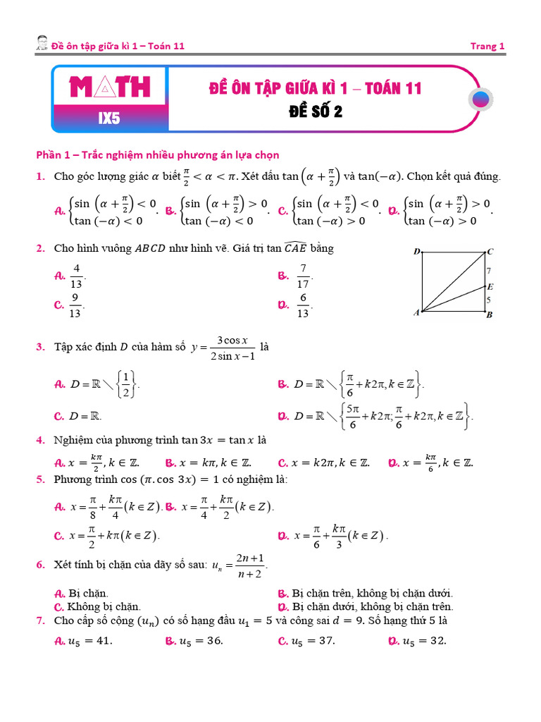 Đề KSCL giữa kì 1 - Toán 11 số 2 | PDF