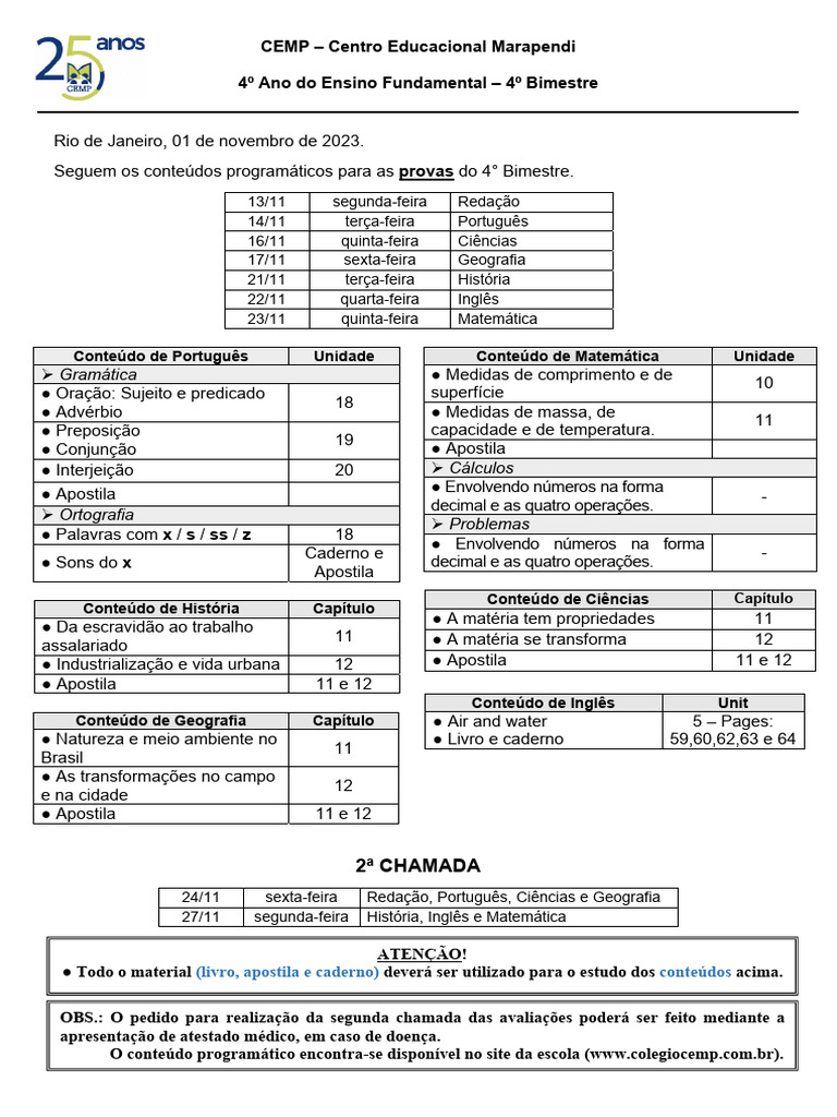 Conteúdos Provas 4º Bimestre CEMP | PDF