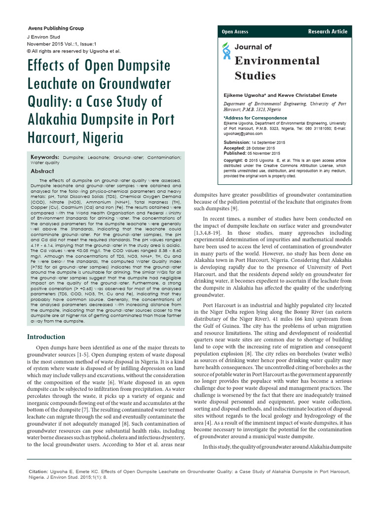 Effects of Open Dumpsite Leachate On Groundwater Quality: A Case Study ...