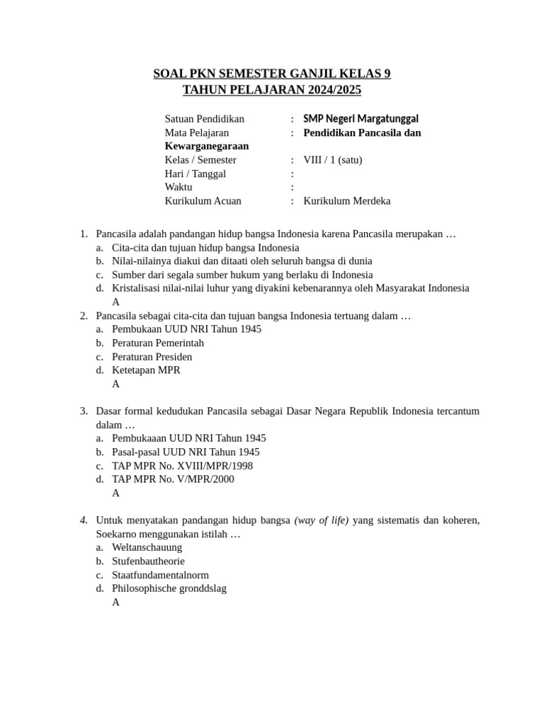Soal PKN Kelas 8 Semester 1 | PDF