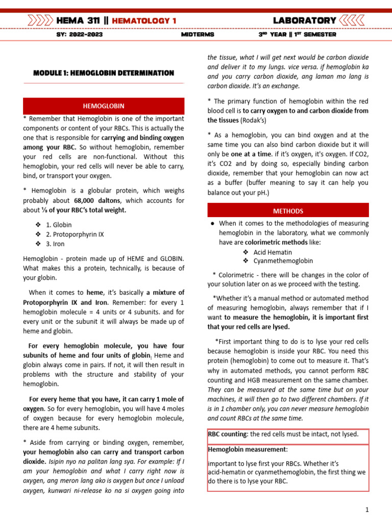 Hemoglobin Measurement Techniques | PDF | Hemoglobin | Red Blood Cell
