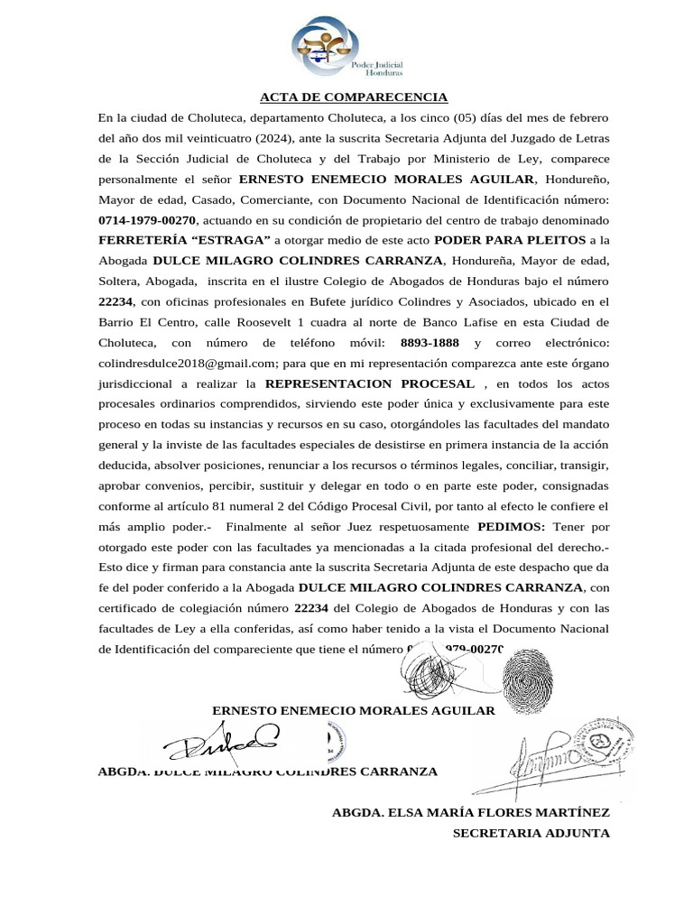 Acta de Comparecencia en Choluteca | PDF | Abogado | Honduras