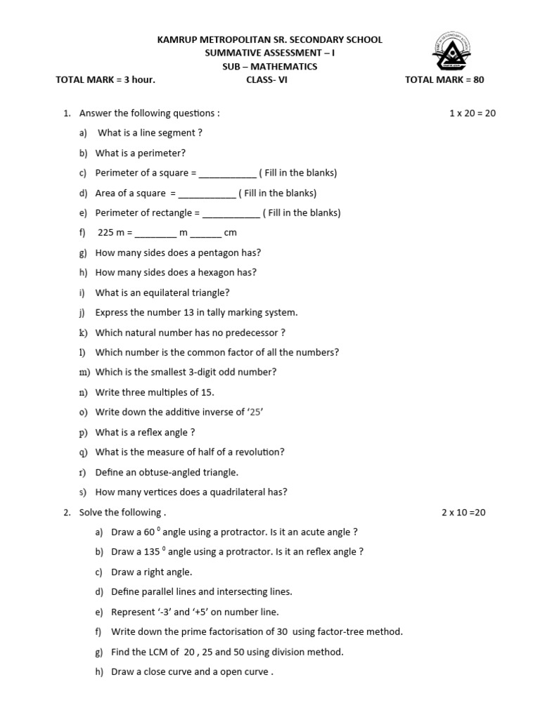Class VI Mathematics Assessment Answers | PDF | Area | Triangle