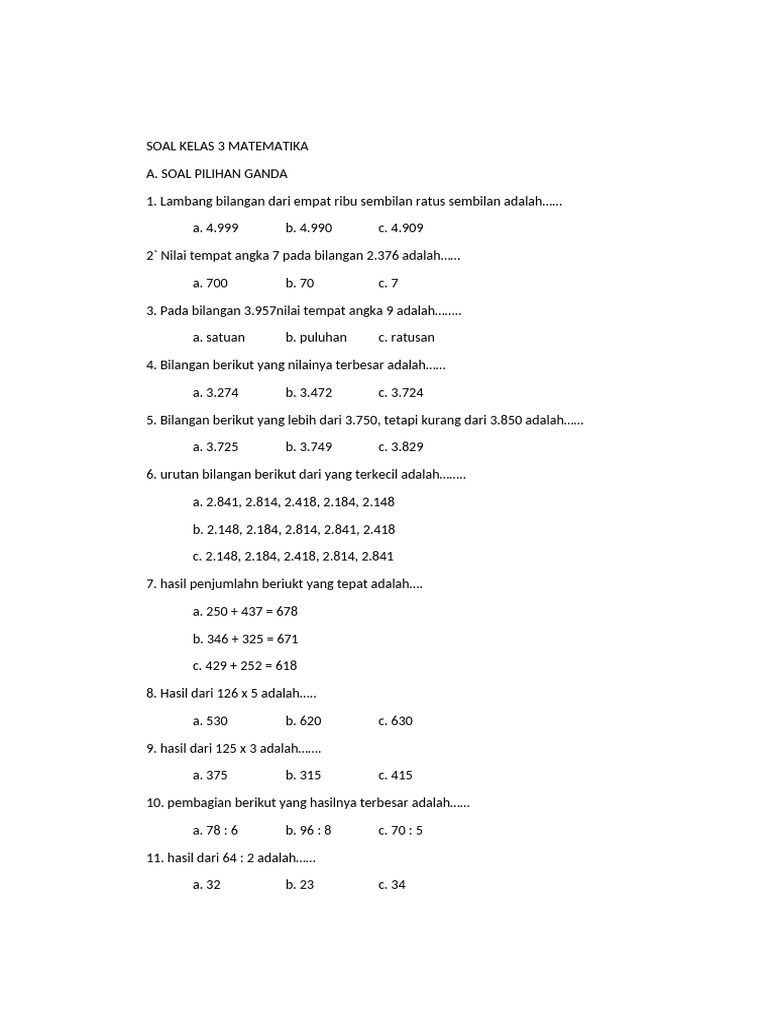 Soal Matematika Kelas 3 Semester 1 | PDF