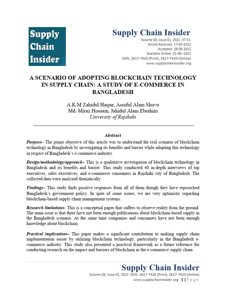 A SCENARIO OF ADOPTING BLOCKCHAIN TECHNOLOGY IN SUPPLY CHAIN A STUDY OF ...