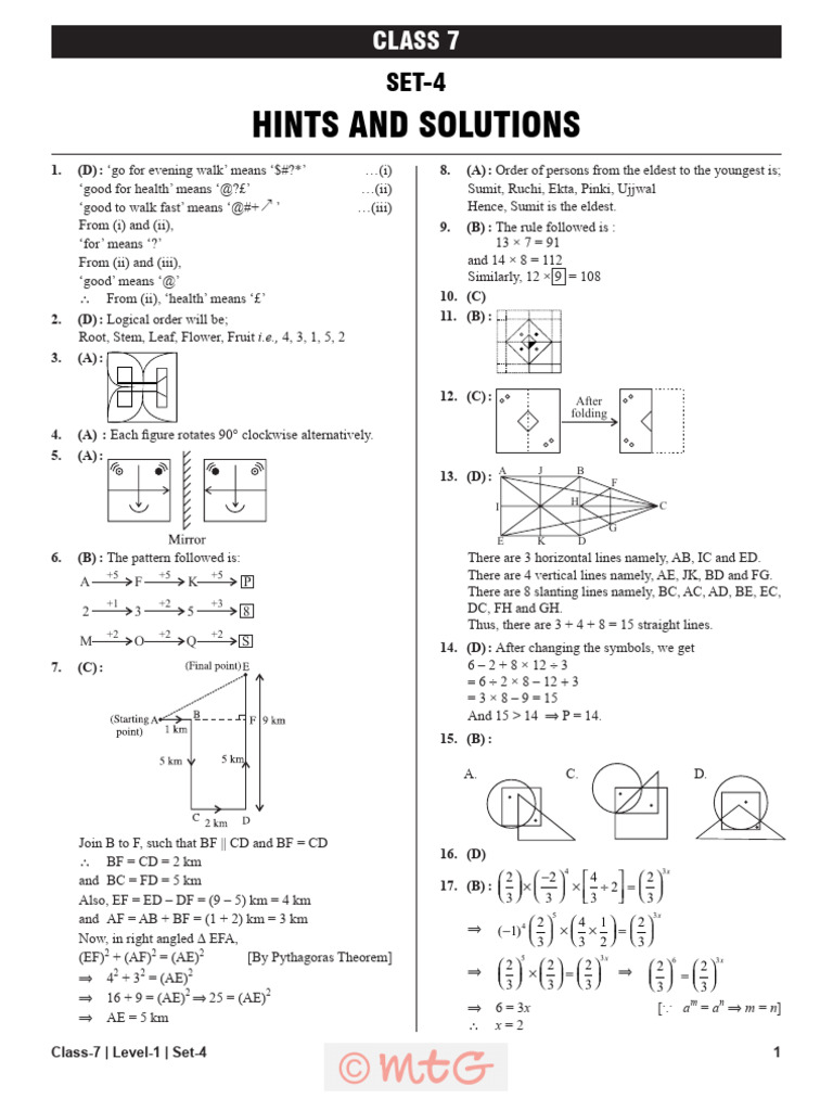 Class 7 Maths Set 4 Solutions | PDF | Triangle | Euclidean Geometry