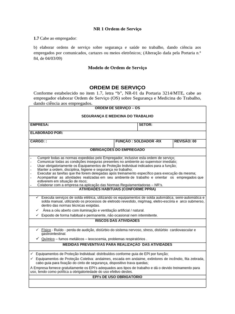 Ordem de Serviço Segurança do Trabalho NR 1 | PDF