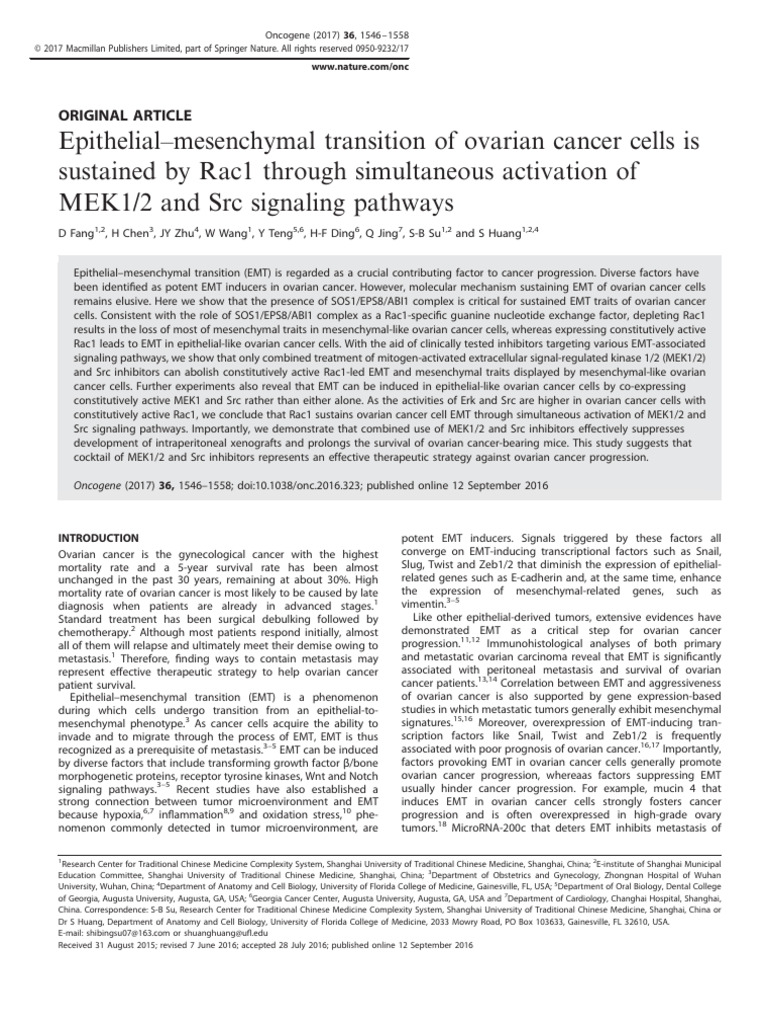 2017 - Fang - EMT of OVCA | PDF | Metastasis | Ovarian Cancer