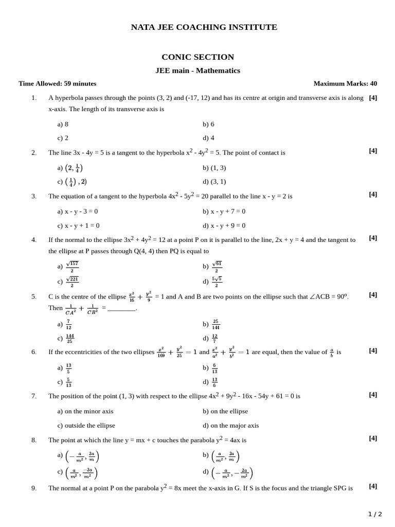 JEE Mathematics: Conic Sections Practice | PDF | Ellipse | Classical ...